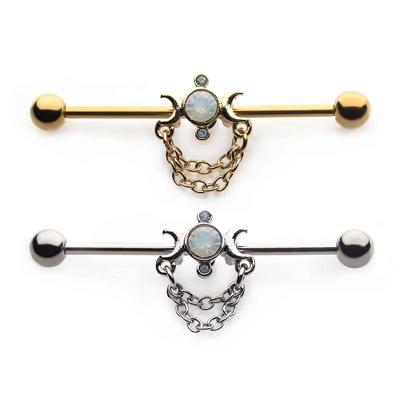 PREMIUM Tri-Moon + Chain Industrial Barbell 14g