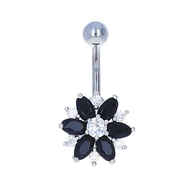 Black + Clear Crystal Flower Navel Barbell 14g