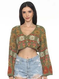 Fair Isle Mushroom Cropped-Fit Cardigan For Women
