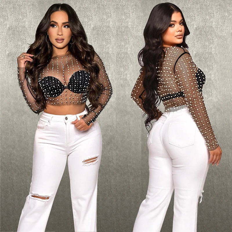 Mesh Crop Top W Beaded Pearls