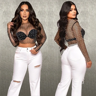 Mesh Crop Top W Beaded Pearls