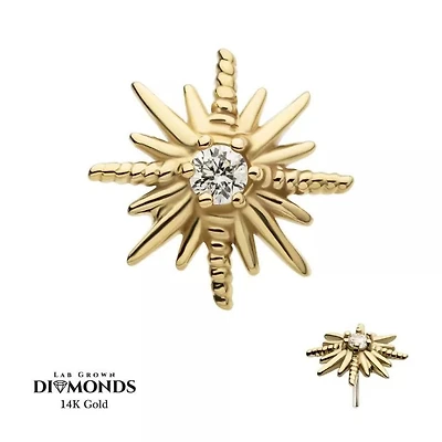 14Kt Yellow Gold Threadless Sunburst Top with Center 6-Prong Round Lab-Grown Diamond