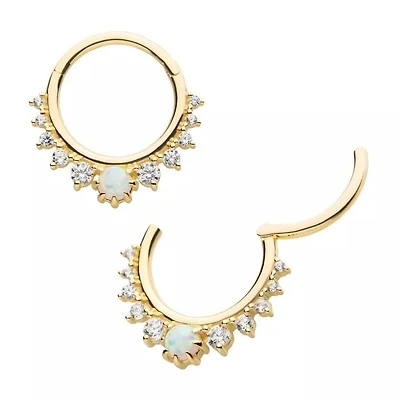 14Kt Yellow Gold with Prong Set Clear CZ & White Synthetic Opal Hinged Hoop
