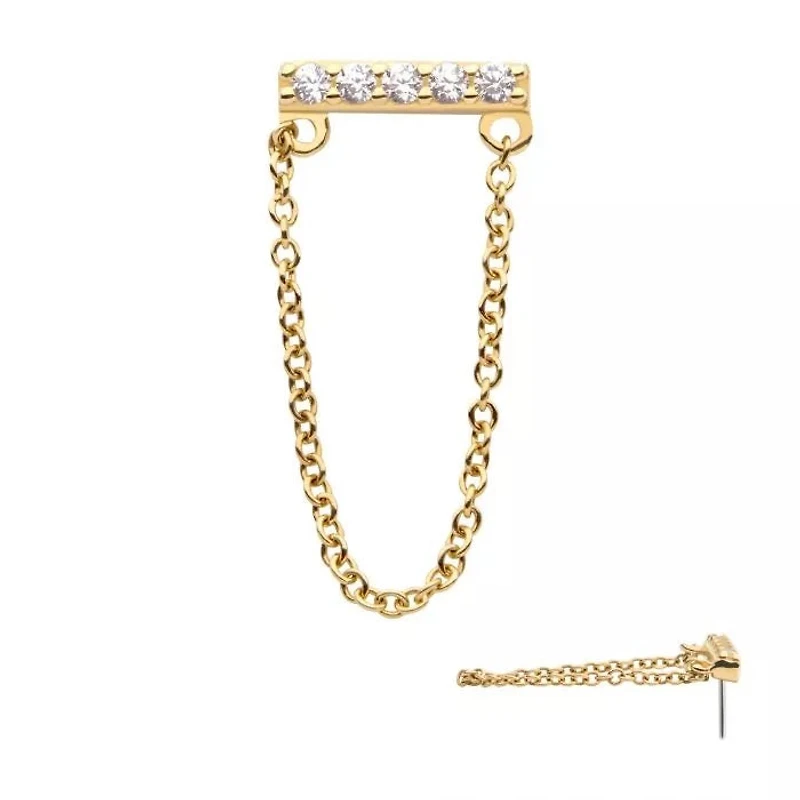 14Kt Yellow Gold Bar 5 CZ and Gold Chain Threadless