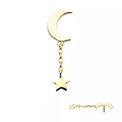 14Kt Gold Threadless Crescent Moon with Dangle Chain & Star Top