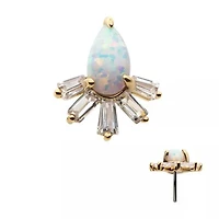 14kt Yellow Gold Threadless With Prong Set Teardrop White Synthetic Opal & Tapered Baguette Clear CZ Cluster Top