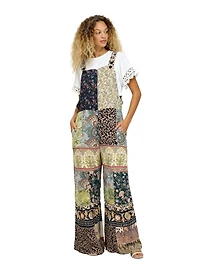 Overall Jumpsuit Patchwork Floral Wide Leg