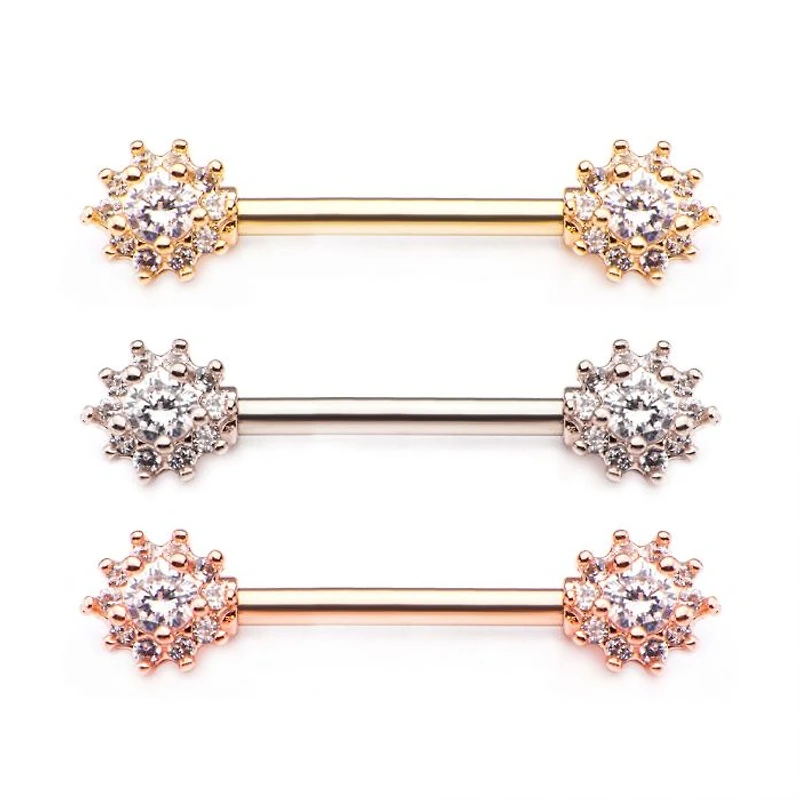 Forward Facing Round Clear CZ Flower Cluster Nipple Barbell
