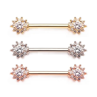 Forward Facing Round Clear CZ Flower Cluster Nipple Barbell