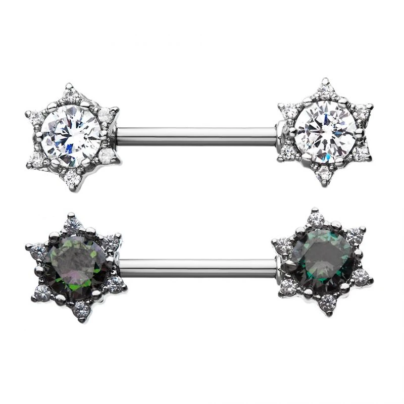 Triangle Gem Starburst Nipple Barbell with 6 Point
