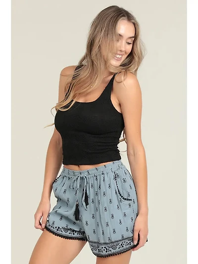 Tassle Tie Front Embroidered Shorts with Pockets