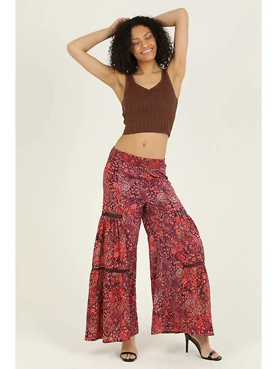 Wide Leg Printed Pants With Lace Inserts