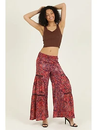 Wide Leg Printed Pants With Lace Inserts