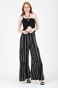 Blck Wide Leg Pants With Lace Inserts