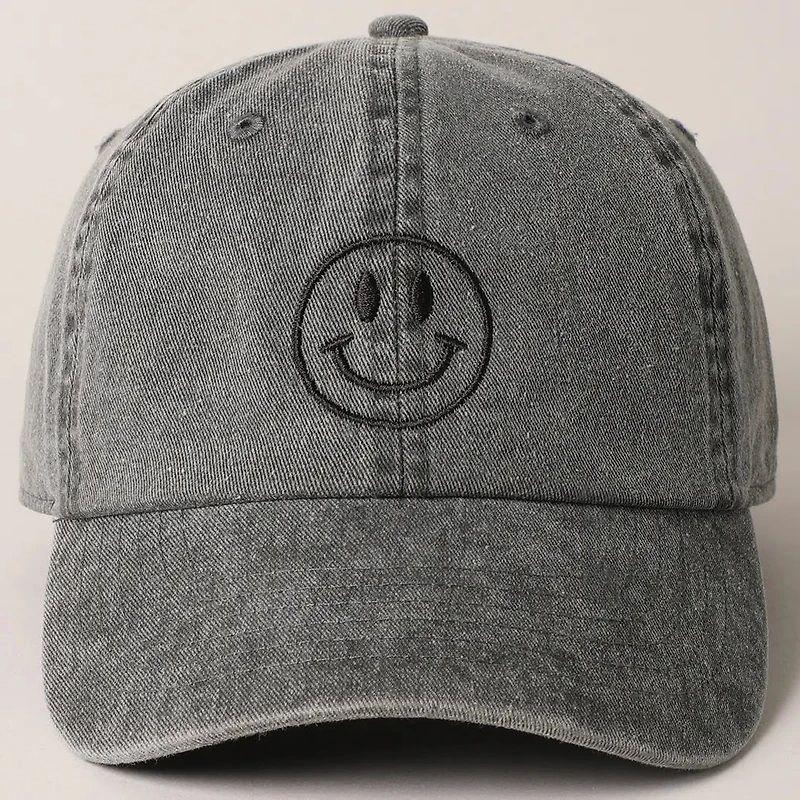 Black Happy Face Embroidered Cotton Baseball Cap