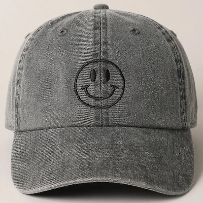 Black Happy Face Embroidered Cotton Baseball Cap