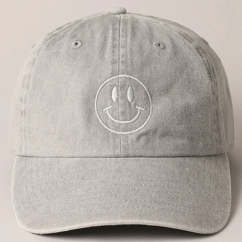 Grey Happy Face Embroidered Cotton Baseball Cap