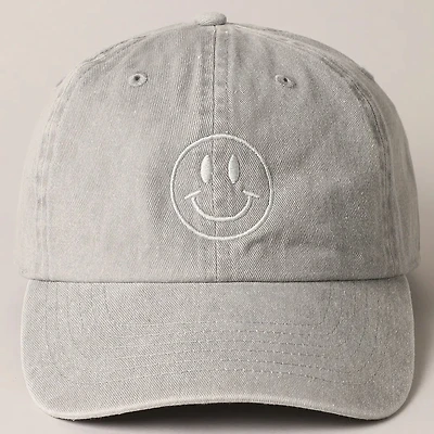 Grey Happy Face Embroidered Cotton Baseball Cap