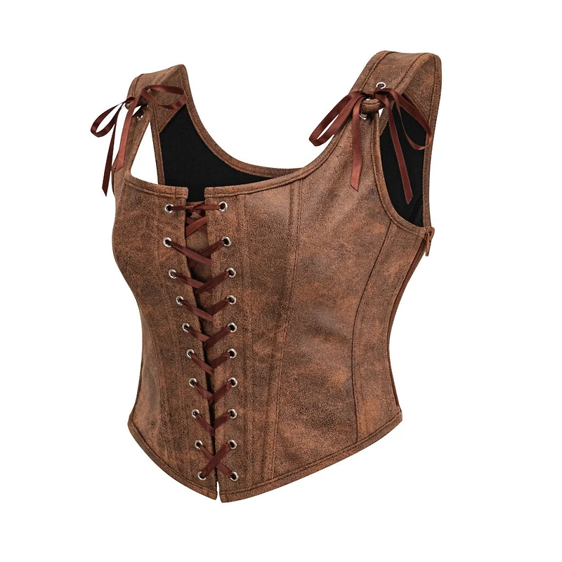 Brown Pleather Front Lace Corset