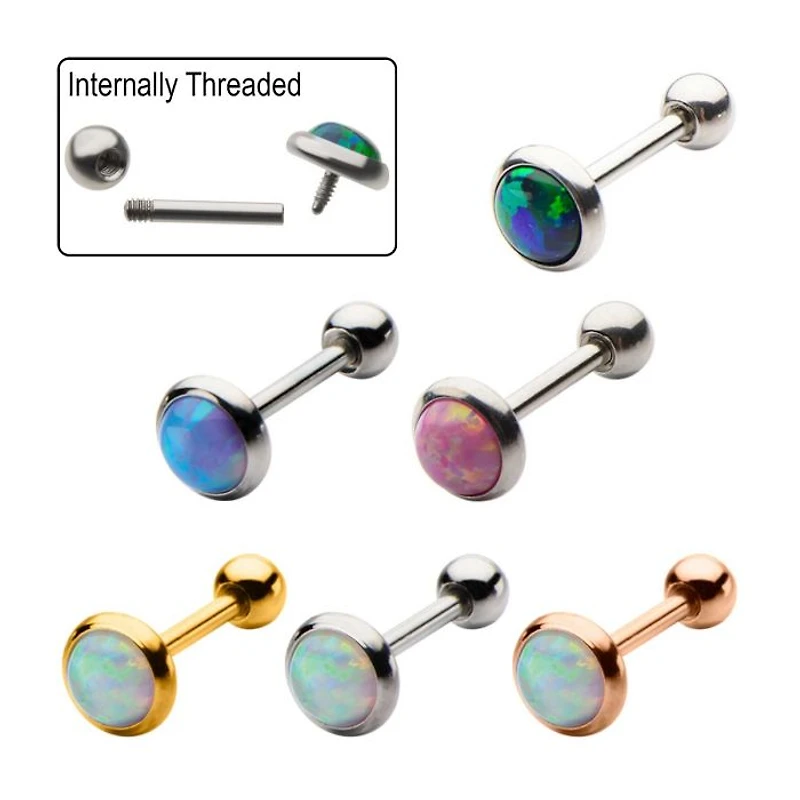 Internally Threaded Top Bezel Set Synthetic Opal Cab and 3mm Ball End Cartilage Barbell