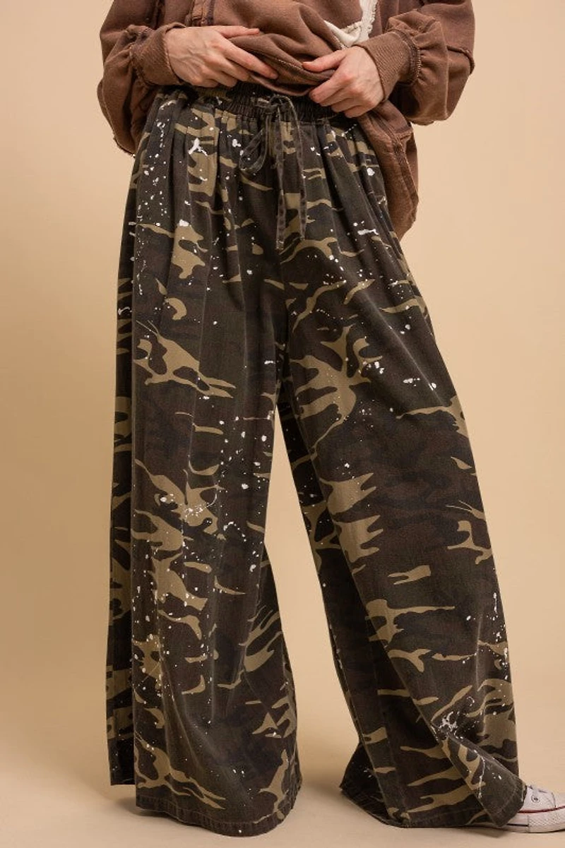 Washed Paint Splatter Camouflage Wideleg Pants