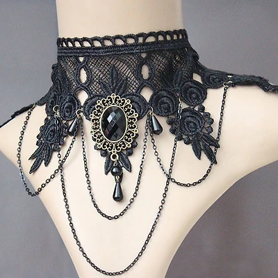 Black Lace Choker w/ Pendant and Chain Swags