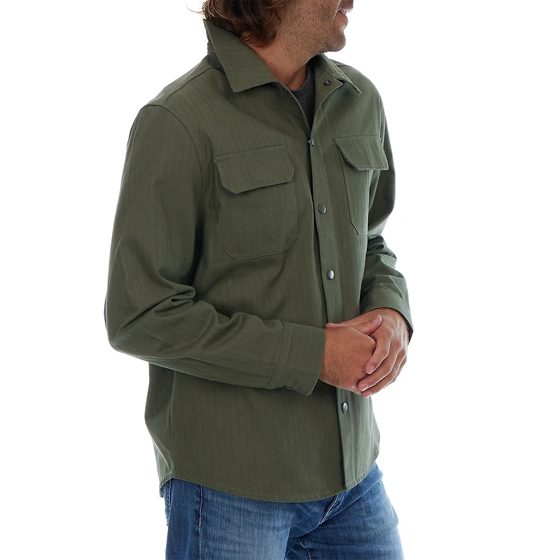 Hassan Olive Cotton Tonal Herringbone Sna Work Shirt Shacket