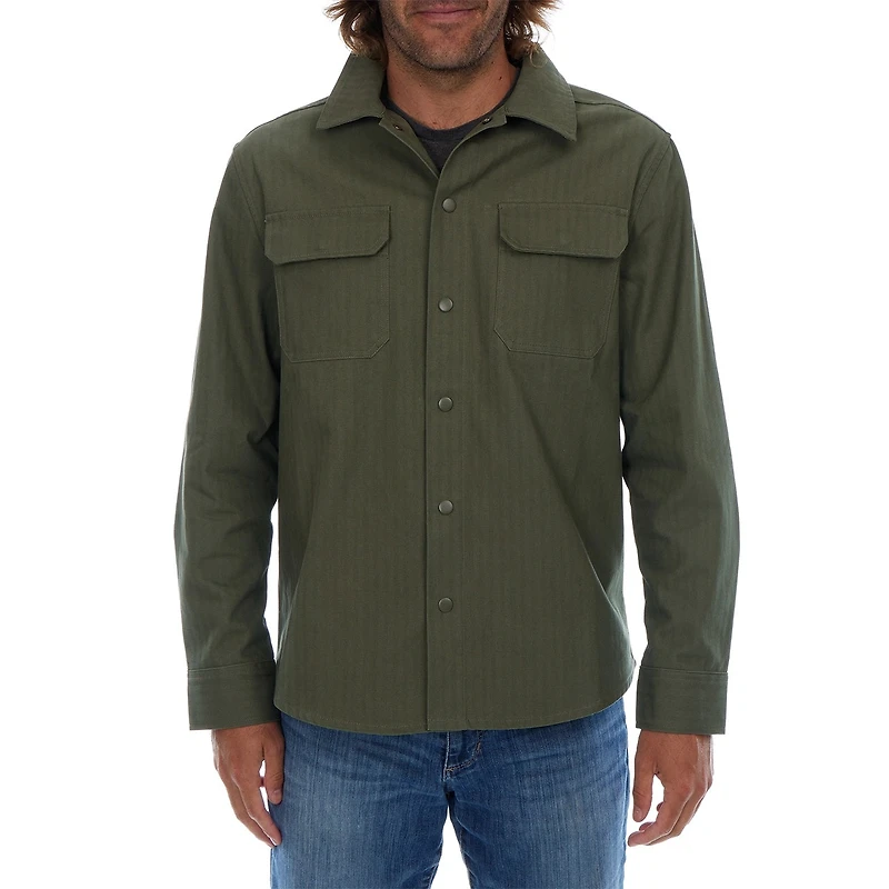 Hassan Olive Cotton Tonal Herringbone Sna Work Shirt Shacket