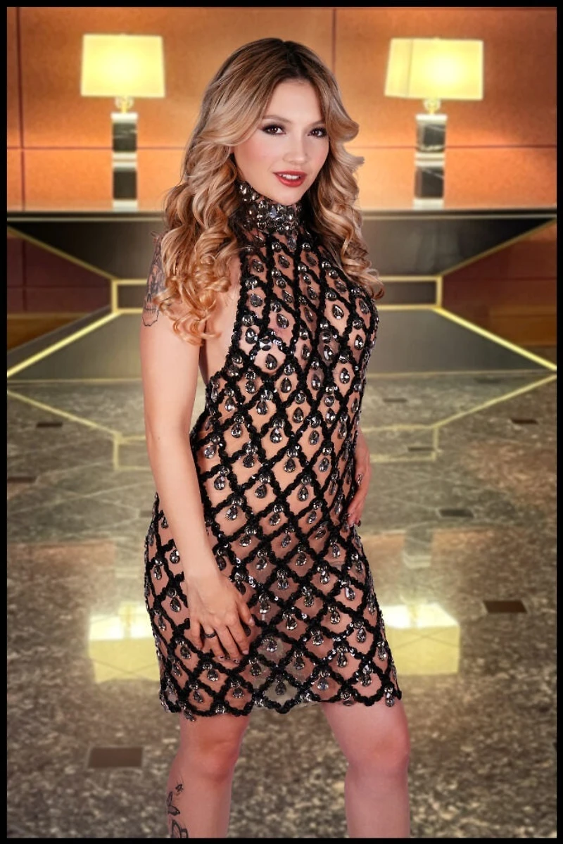 Mock Neck Halter Mesh Dress