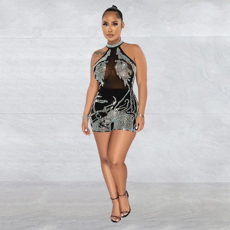 HALTER SHORTS ROMPER W RHINESTONES