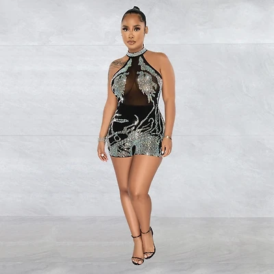 HALTER SHORTS ROMPER W RHINESTONES
