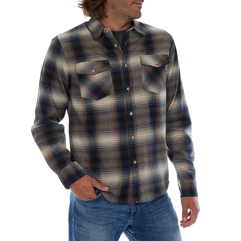 Long Sleeve Flannel Plaid Front Pockets Shirt Navy Brown