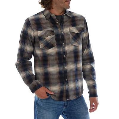 Long Sleeve Flannel Plaid Front Pockets Shirt Navy Brown
