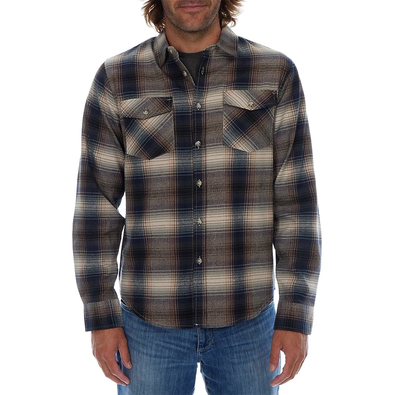 Long Sleeve Flannel Plaid Front Pockets Shirt Navy Brown