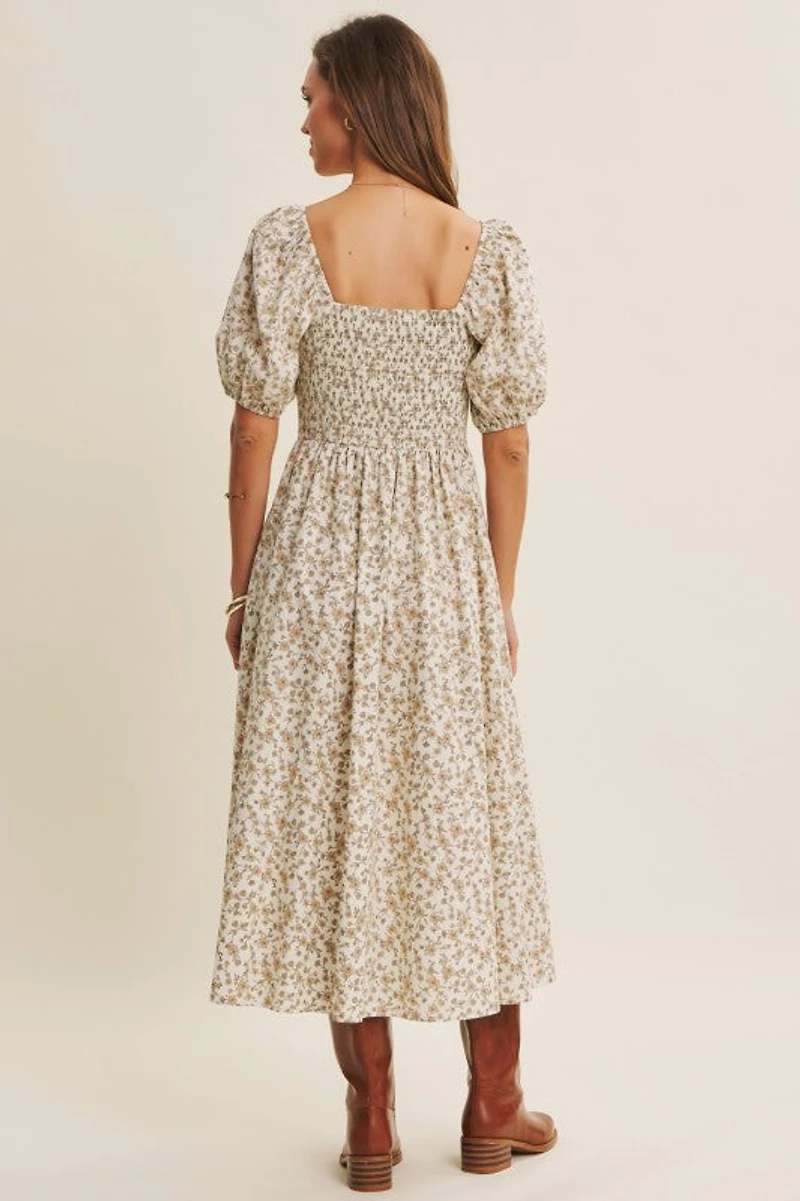 Golden Hour Floral Puff Sleeve Dress With Smocked Back