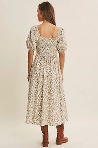 Golden Hour Floral Puff Sleeve Dress With Smocked Back