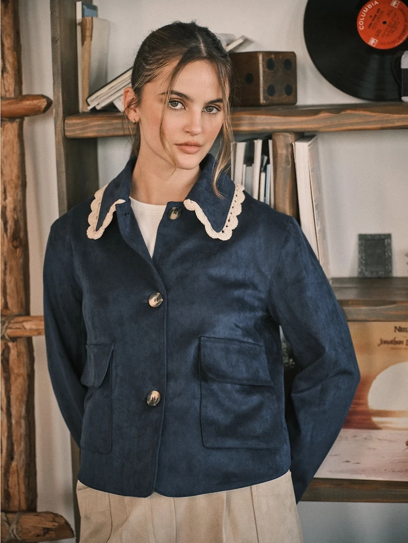Lace Collar Faux Suede Jacket