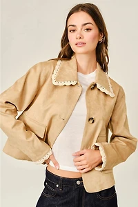 Lace Collar Faux Suede Jacket