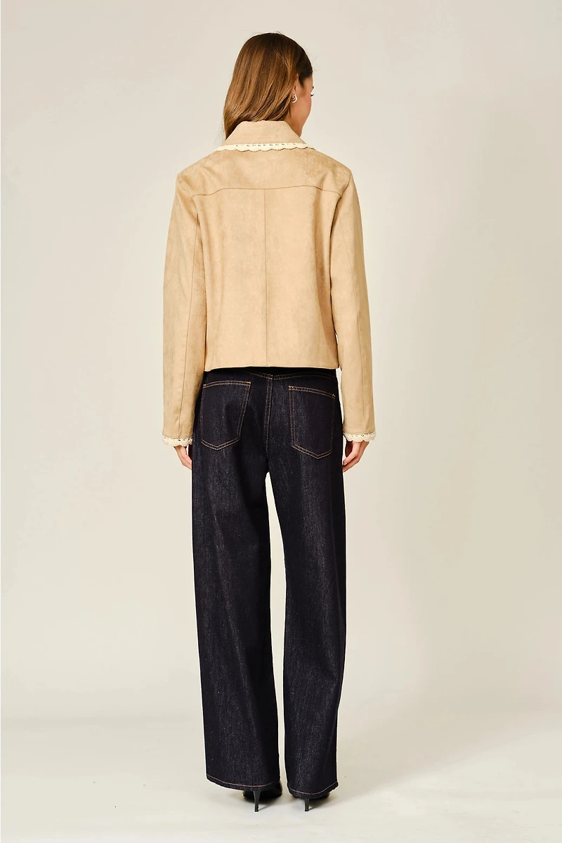 Lace Collar Faux Suede Jacket