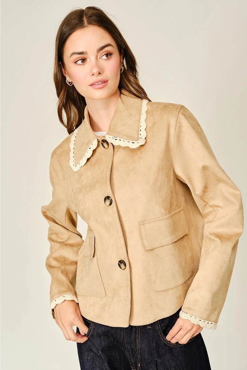Lace Collar Faux Suede Jacket