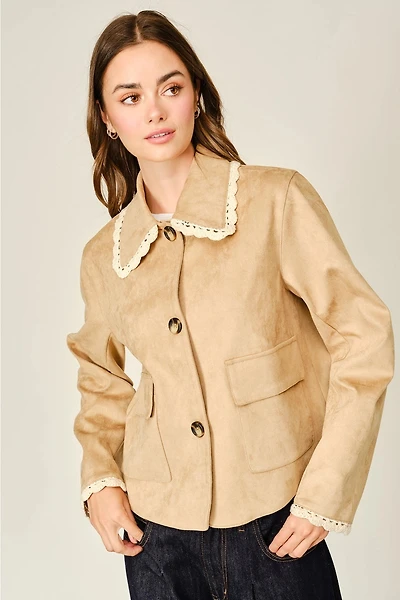 Lace Collar Faux Suede Jacket