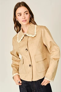 Lace Collar Faux Suede Jacket