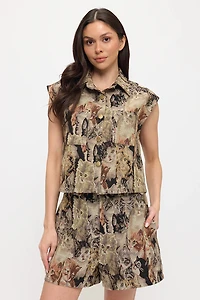 Cat Collage Print Collared Tapestry Vest