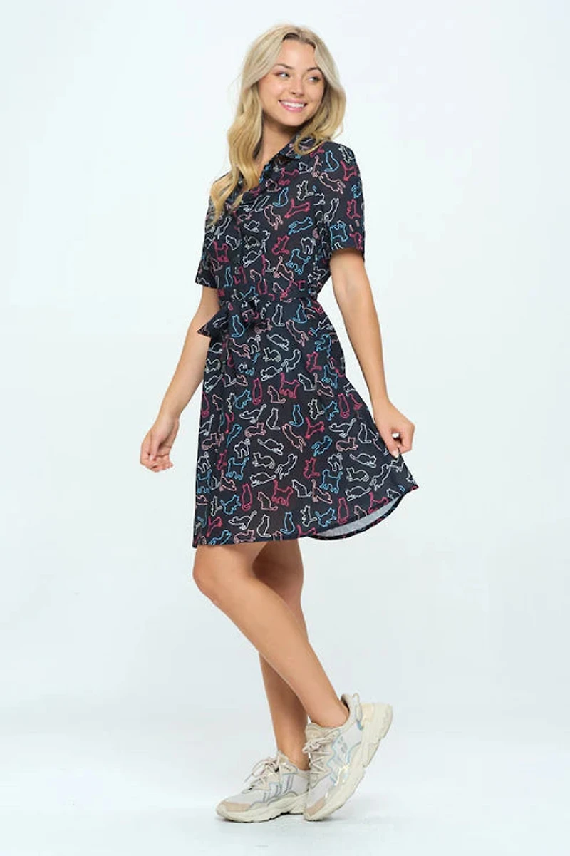 Black Colorful Cats Print Dress