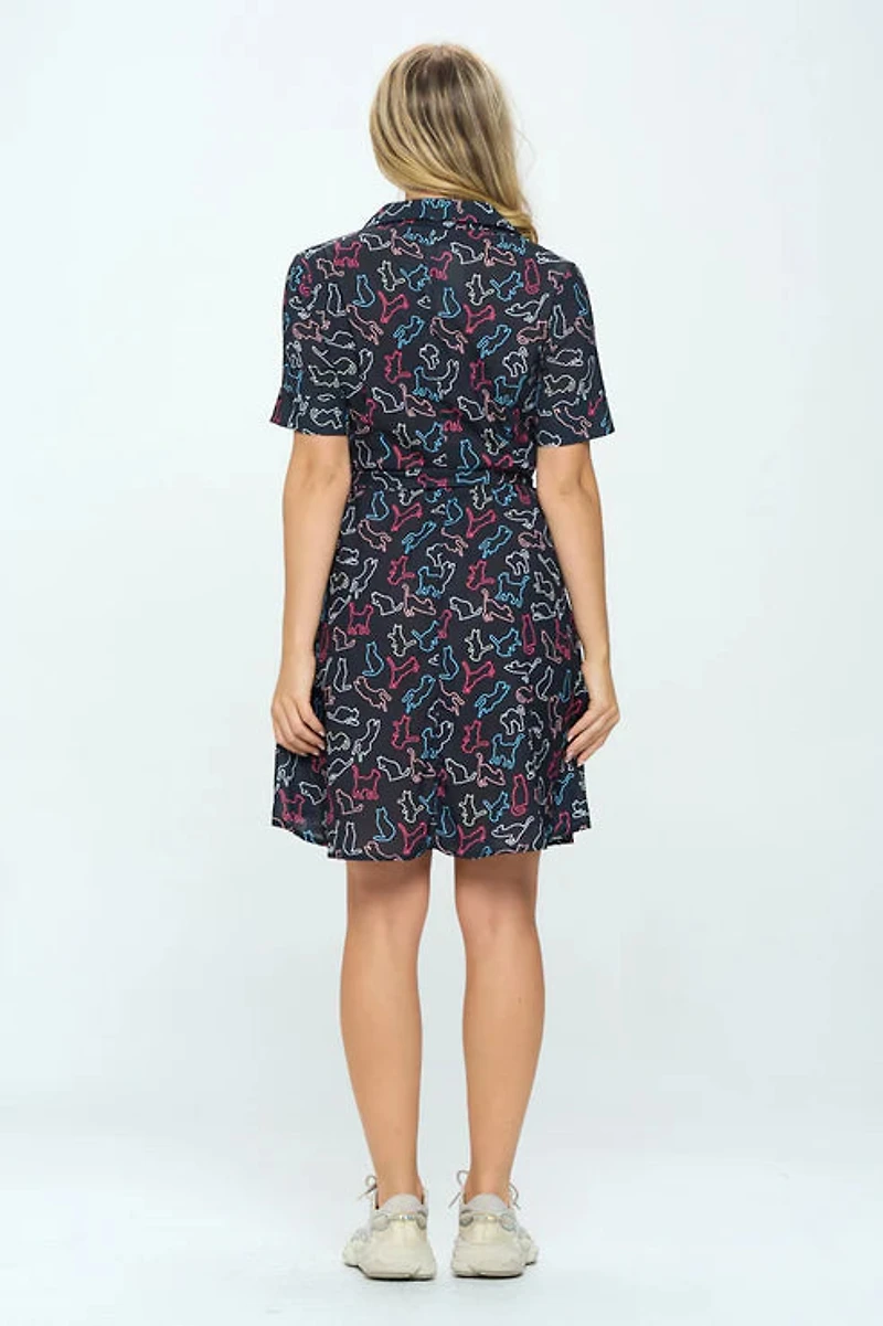 Black Colorful Cats Print Dress