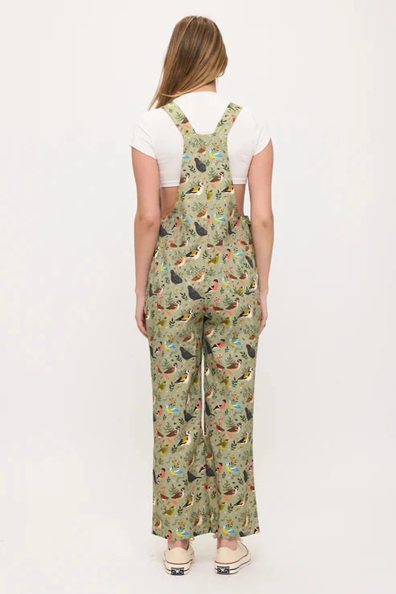 Floral Songbirds Print Overalls