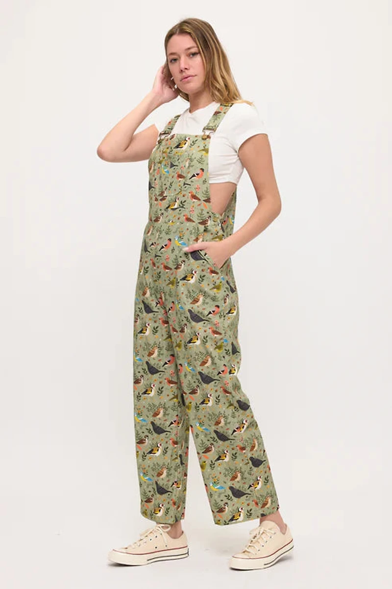 Floral Songbirds Print Overalls