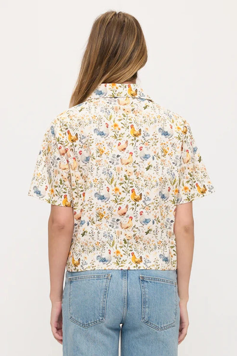 Rooster And Floral Print Shirt