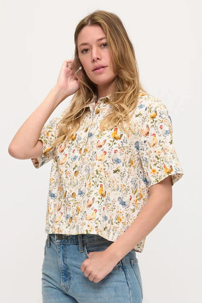 Rooster And Floral Print Shirt