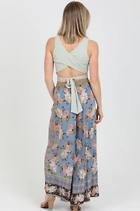 Blue Floral Print Self Tie Waist Wide Leg Pants